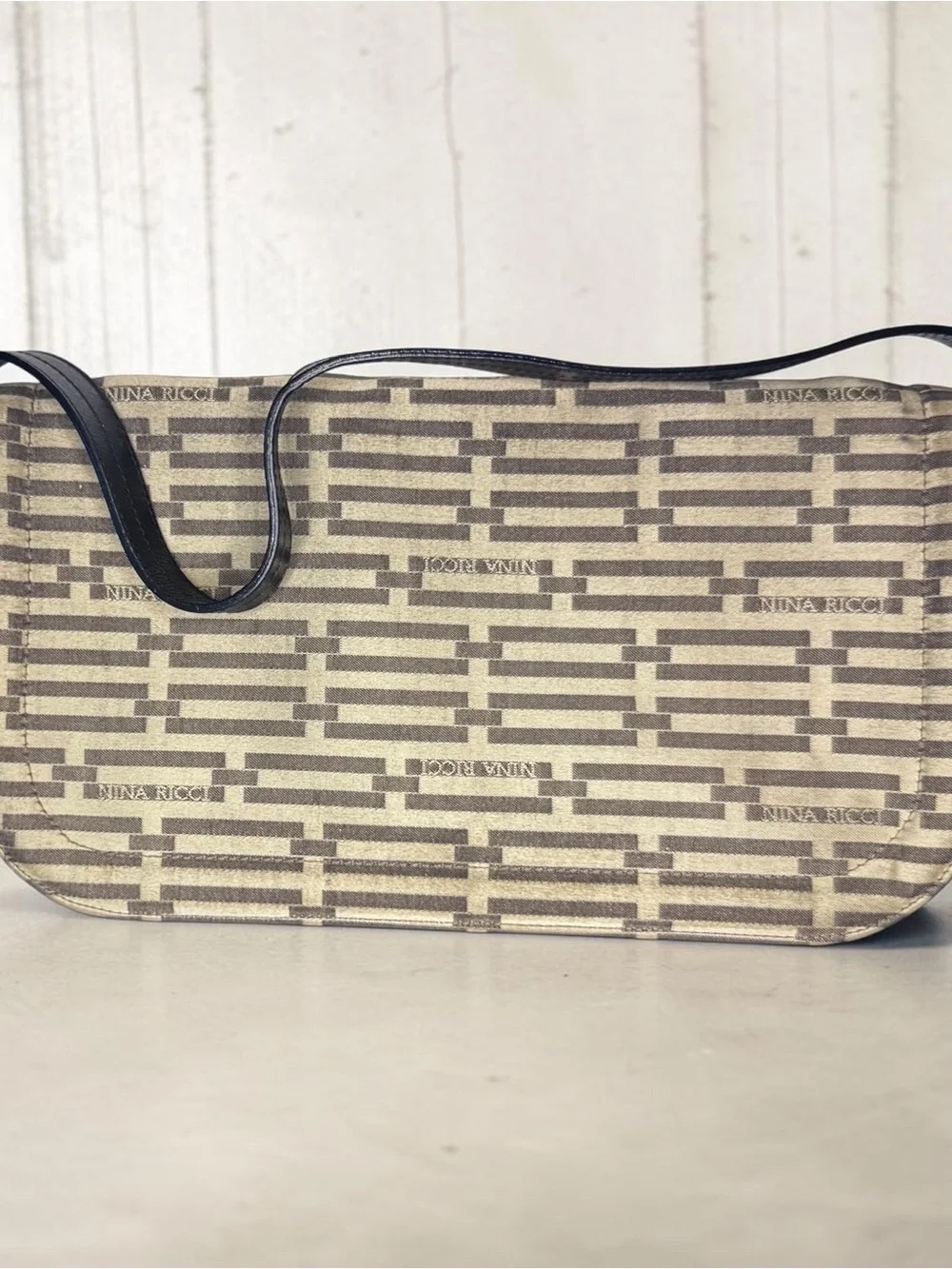 Nina Ricci Beige & Brown Logo Shoulder Bag with Black Strap